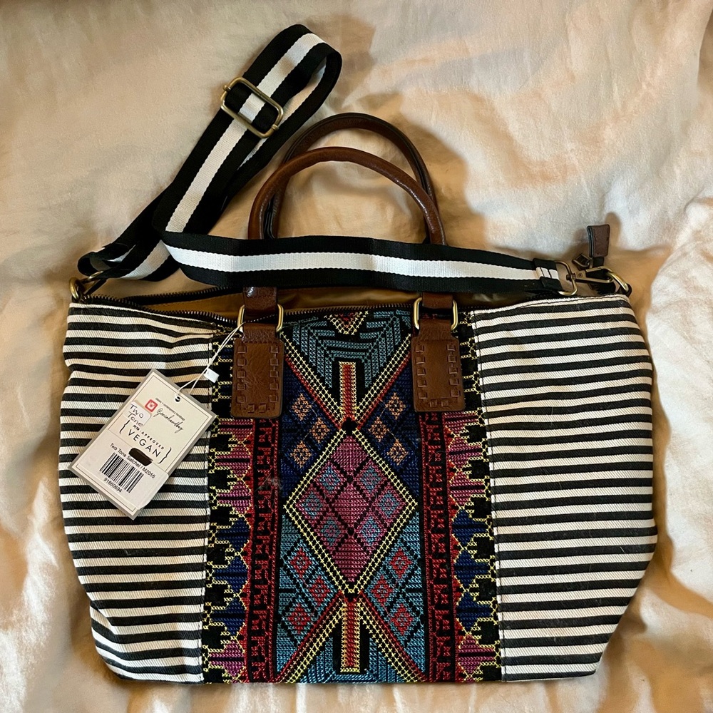 NWT! Jen & Co Two Tone Satchel – Vegan Leather & Canvas